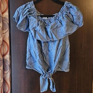 Crown And Ivy Blue Ruffle Tie-Front Blouse